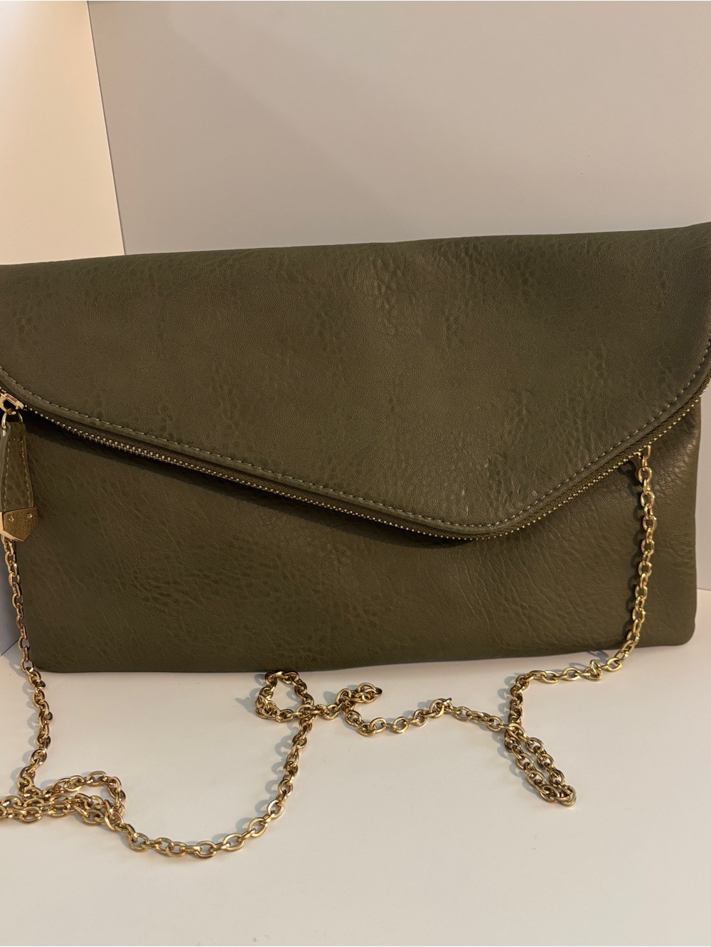 Olive Green Envelope Crossbody Clutch with Gold Chain